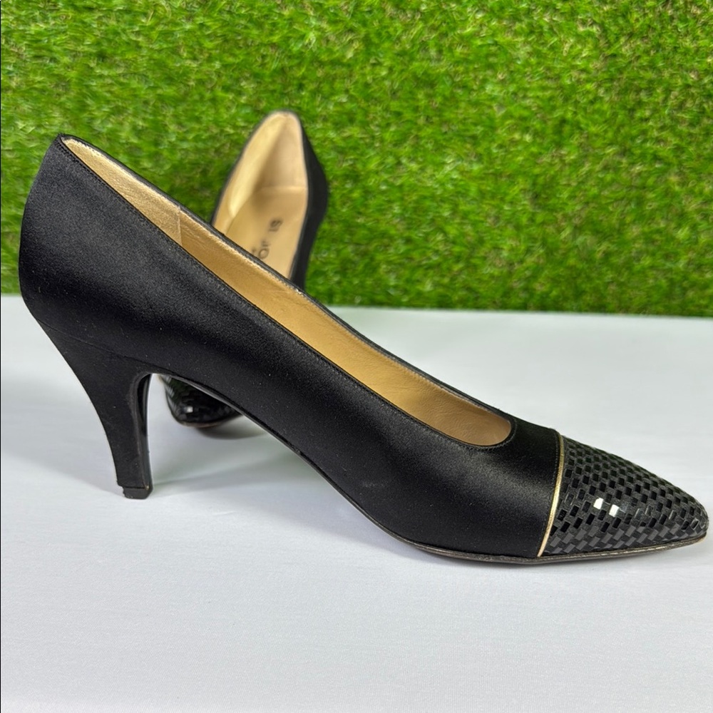 Vintage St John Black Satin Heels Emily Faille Paillette Italy 1998 - Picture 9 of 16